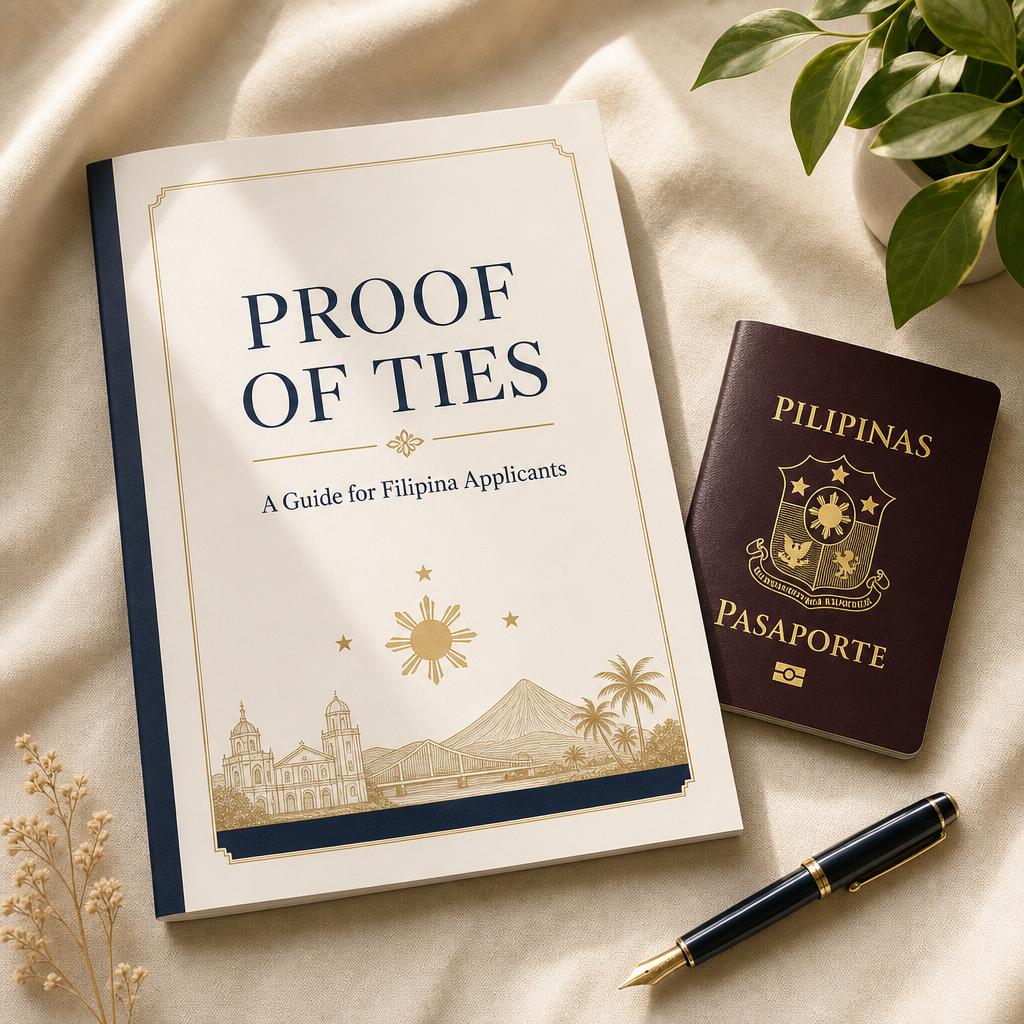 Proof of Ties guide flat lay with Philippine passport and Europe map
