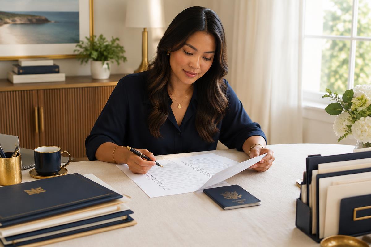 Filipina applicant reviewing a Schengen visa readiness checklist with her passport and documents